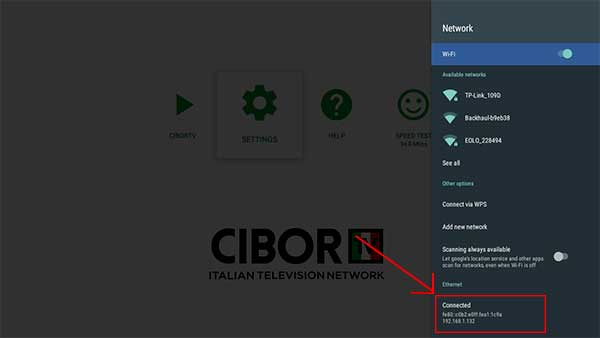 CiborTV settings network ethernet connected